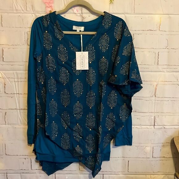 Tamsy Turquoise Color Woven Top S - Picture 5 of 13